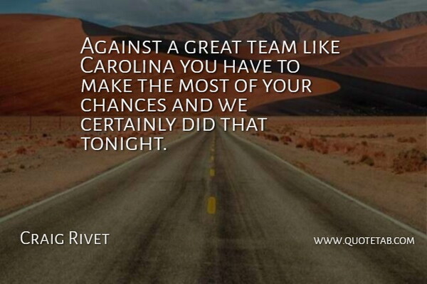 Craig Rivet Quote About Against, Carolina, Certainly, Chances, Great: Against A Great Team Like...