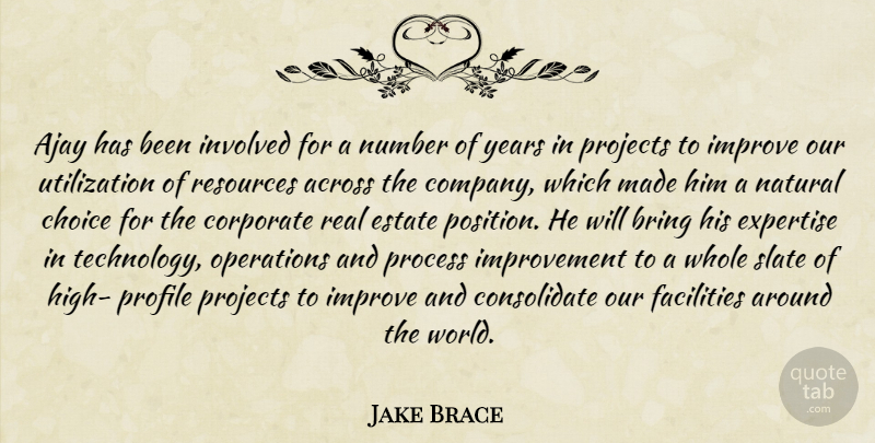 Jake Brace Quote About Across, Bring, Choice, Company, Corporate: Ajay Has Been Involved For...