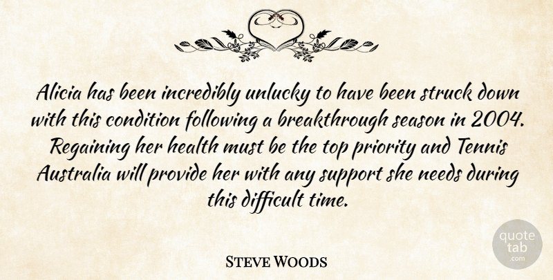 Steve Woods Quote About Australia, Condition, Difficult, Following, Health: Alicia Has Been Incredibly Unlucky...