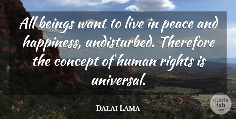 Dalai Lama Quote About Rights, Want, Peace And Happiness: All Beings Want To Live...