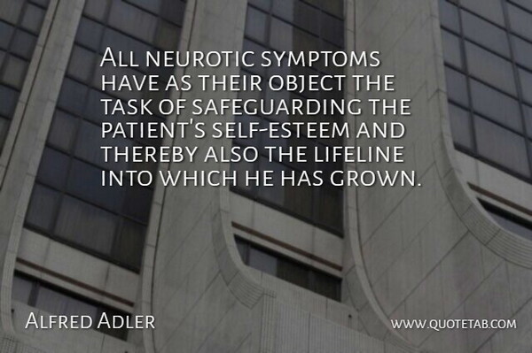 Alfred Adler Quote About Lifeline, Neurotic, Object, Self, Self Esteem: All Neurotic Symptoms Have As...