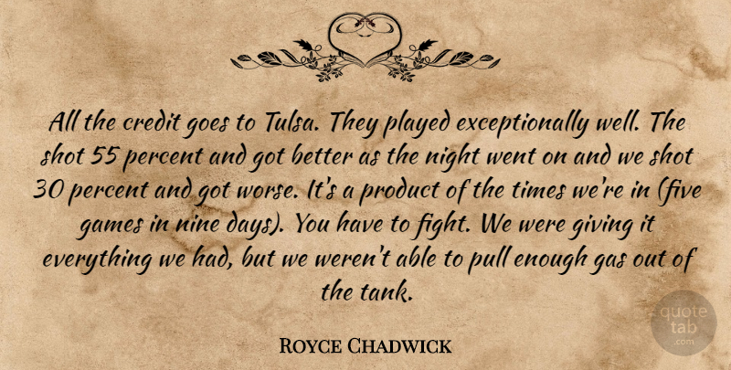 Royce Chadwick Quote About Credit, Games, Gas, Giving, Goes: All The Credit Goes To...