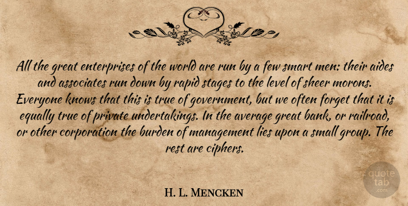 H. L. Mencken Quote About Running, Smart, Lying: All The Great Enterprises Of...