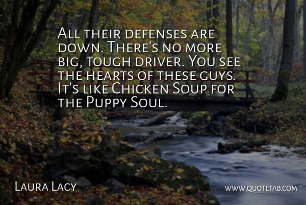 Laura Lacy Quote About Chicken, Hearts, Puppy, Soup, Tough: All Their Defenses Are Down...