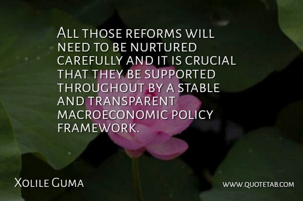 Xolile Guma Quote About Carefully, Crucial, Nurtured, Policy, Reforms: All Those Reforms Will Need...