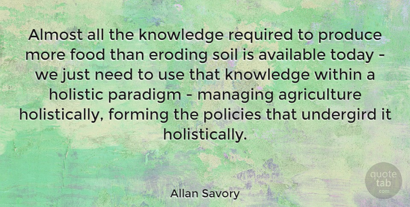 Allan Savory Quote About Agriculture, Use, Today: Almost All The Knowledge Required...