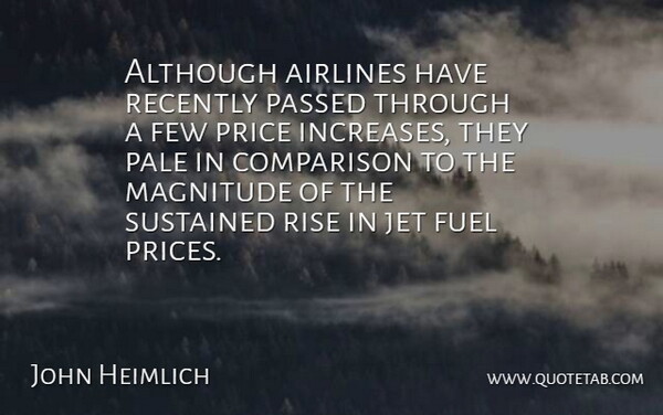 John Heimlich Quote About Airlines, Although, Comparison, Few, Fuel: Although Airlines Have Recently Passed...