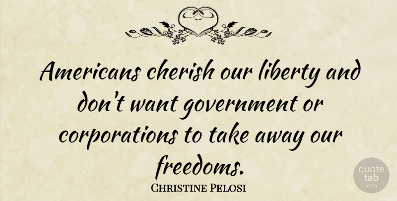 Christine Pelosi Quote About Government, Liberty, Want: Americans Cherish Our Liberty And...