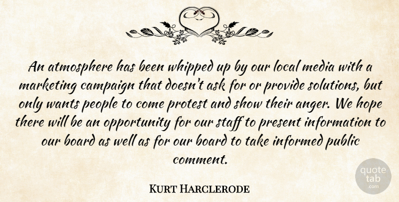 Kurt Harclerode Quote About Ask, Atmosphere, Board, Campaign, Hope: An Atmosphere Has Been Whipped...