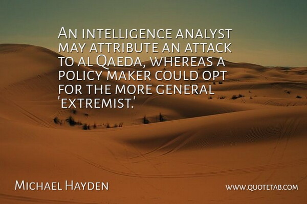 Michael Hayden Quote About Analyst, Attribute, Intelligence, Maker, Whereas: An Intelligence Analyst May Attribute...