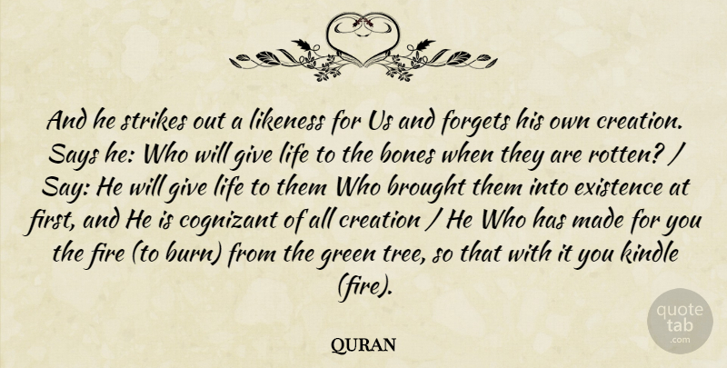 quran Quote About Bones, Brought, Creation, Existence, Fire: And He Strikes Out A...