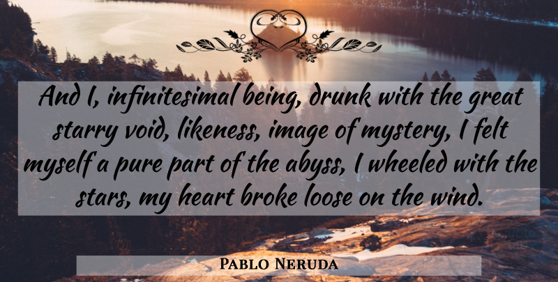Pablo Neruda Quote About Stars, Heart, Wind: And I Infinitesimal Being Drunk...