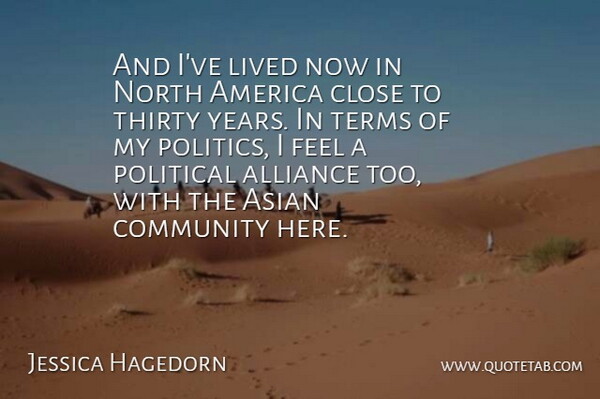 Jessica Hagedorn Quote About Alliance, America, Asian, Close, Community: And Ive Lived Now In...