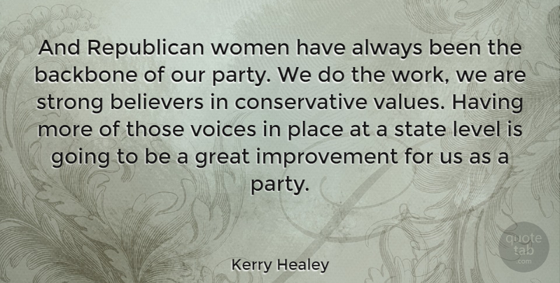 Kerry Healey Quote About Backbone, Believers, Great, Improvement, Level: And Republican Women Have Always...