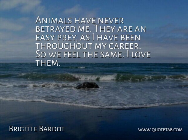 Brigitte Bardot Quote About Animal, Careers, Betrayed: Animals Have Never Betrayed Me...