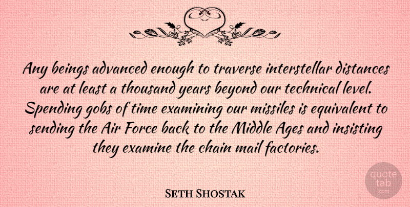 Seth Shostak Quote About Advanced, Ages, Air, Beings, Chain: Any Beings Advanced Enough To...