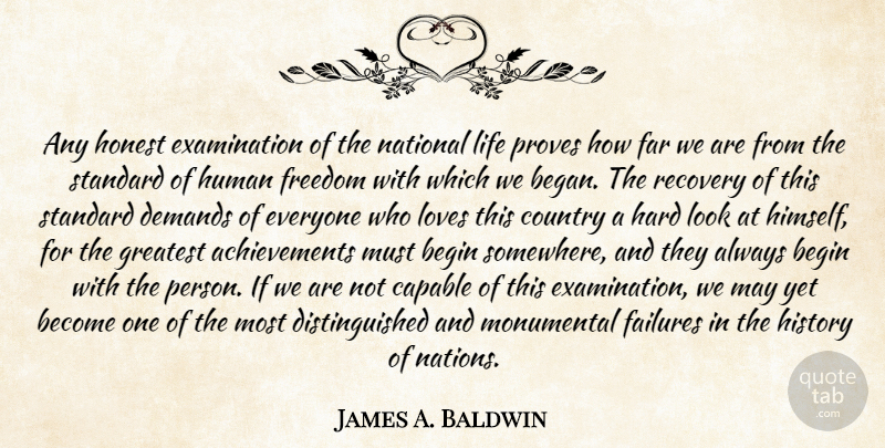 James A. Baldwin Quote About Country, Recovery, Justice: Any Honest Examination Of The...