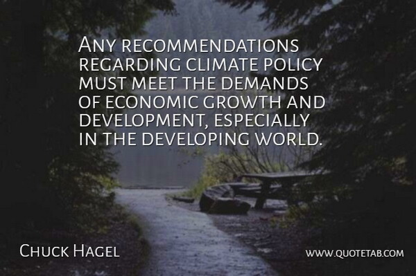 Chuck Hagel Quote About Climate, Demands, Developing, Economic, Growth: Any Recommendations Regarding Climate Policy...