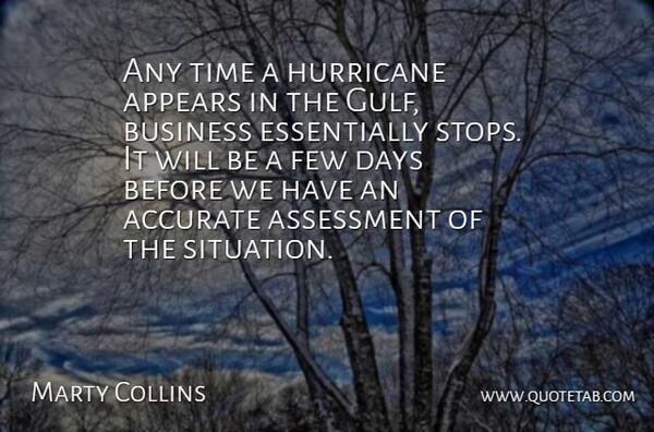 Marty Collins Quote About Accurate, Appears, Assessment, Business, Days: Any Time A Hurricane Appears...