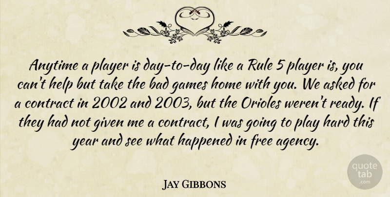 Jay Gibbons Quote About Anytime, Asked, Bad, Contract, Free: Anytime A Player Is Day...
