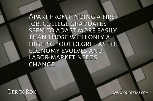 Derek Bok Quote About Adapt, Apart, Change, Degree, Easily: Apart From Finding A First...