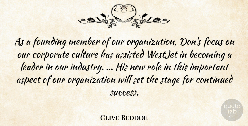 Clive Beddoe Quote About Aspect, Assisted, Becoming, Continued, Corporate: As A Founding Member Of...