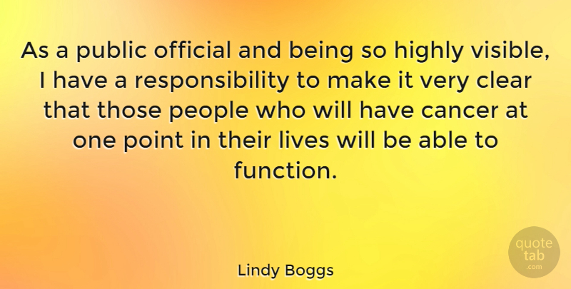 Lindy Boggs Quote About Cancer, Responsibility, People: As A Public Official And...