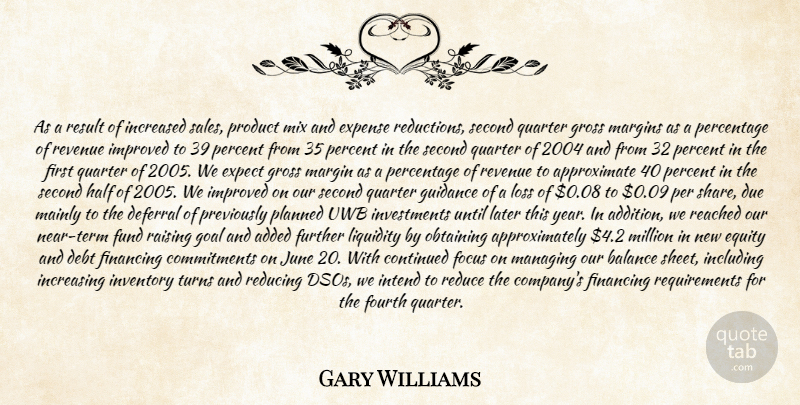 Gary Williams Quote About Added, Balance, Continued, Debt, Due: As A Result Of Increased...