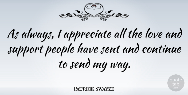 Patrick Swayze Quote About People, Appreciate, Support: As Always I Appreciate All...