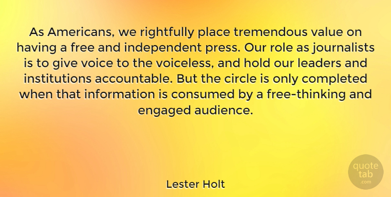 Lester Holt Quote About Independent, Thinking, Circles: As Americans We Rightfully Place...
