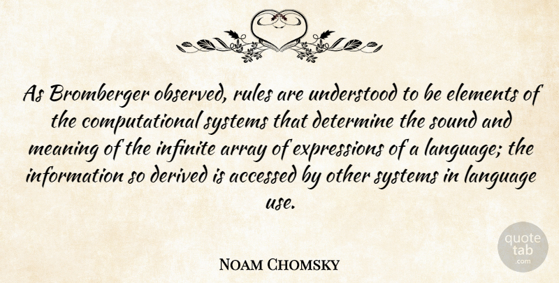Noam Chomsky Quote About Array, Derived, Determine, Elements, Infinite: As Bromberger Observed Rules Are...