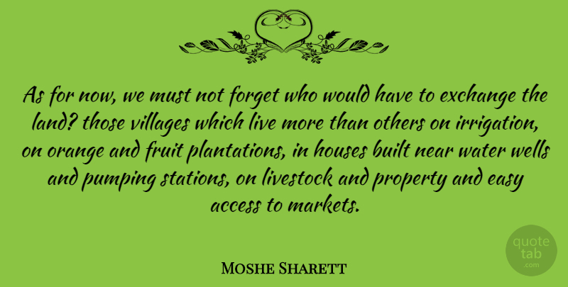 Moshe Sharett Quote About Access, Built, Exchange, Forget, Houses: As For Now We Must...