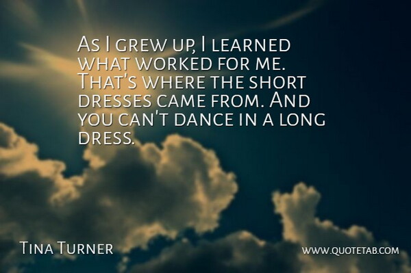Tina Turner Quote About Came, Dresses, Grew, Learned, Worked: As I Grew Up I...