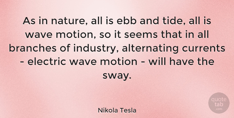 Nikola Tesla Quote About Branches, Currents, Ebb, Electric, Motion: As In Nature All Is...