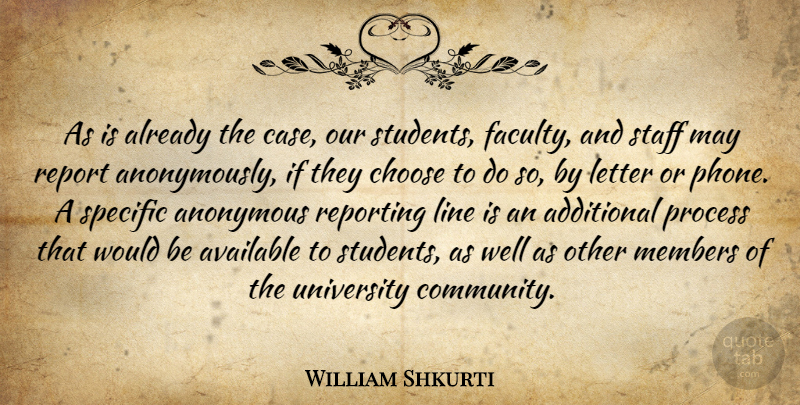 William Shkurti Quote About Additional, Anonymous, Available, Choose, Letter: As Is Already The Case...
