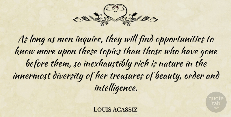 Louis Agassiz Quote About Nature, Opportunity, Men: As Long As Men Inquire...