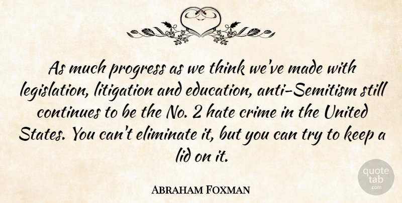 Abraham Foxman Quote About Hate, Thinking, Progress: As Much Progress As We...