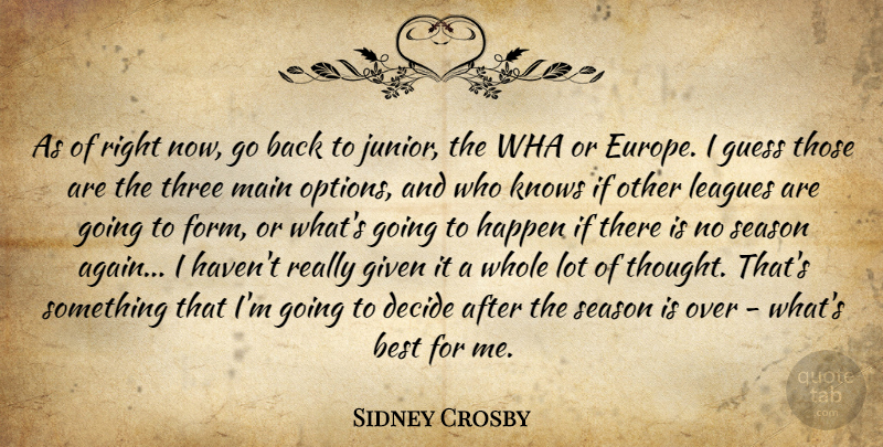 Sidney Crosby Quote About Best, Decide, Given, Guess, Happen: As Of Right Now Go...