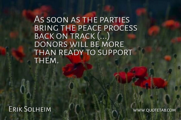 Erik Solheim Quote About Bring, Donors, Parties, Peace, Process: As Soon As The Parties...