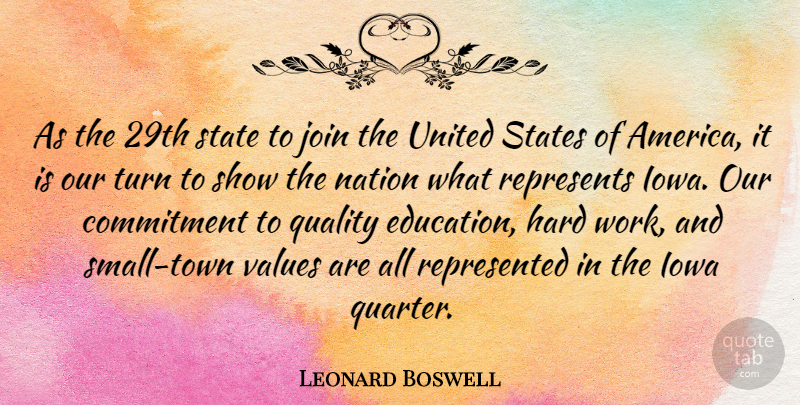 Leonard Boswell Quote About Commitment, Hard, Iowa, Join, Nation: As The 29th State To...