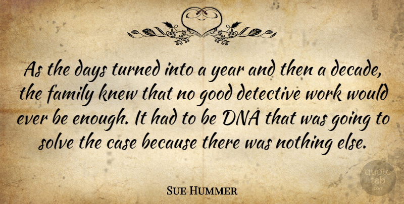 Sue Hummer Quote About Case, Days, Detective, Dna, Family: As The Days Turned Into...