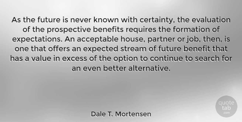 Dale T. Mortensen Quote About Acceptable, Benefits, Continue, Evaluation, Excess: As The Future Is Never...