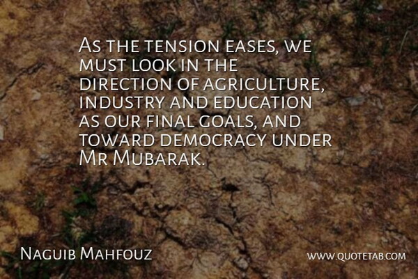 Naguib Mahfouz Quote About Agriculture, Goal, Democracy: As The Tension Eases We...