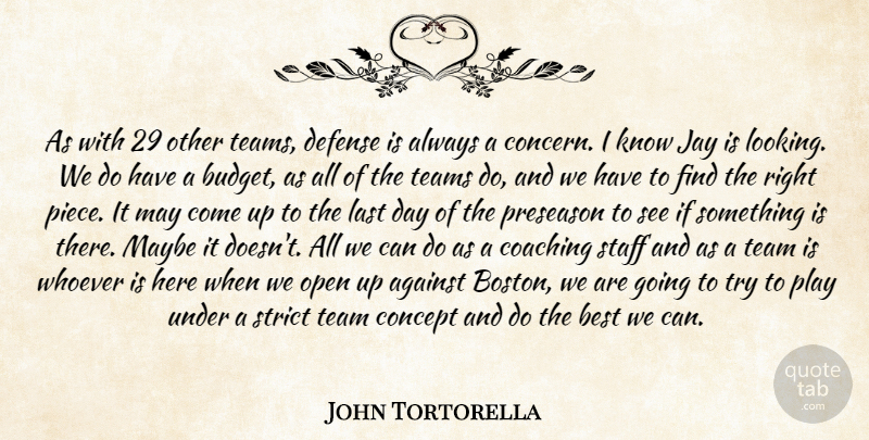 John Tortorella Quote About Against, Best, Coaching, Concept, Defense: As With 29 Other Teams...