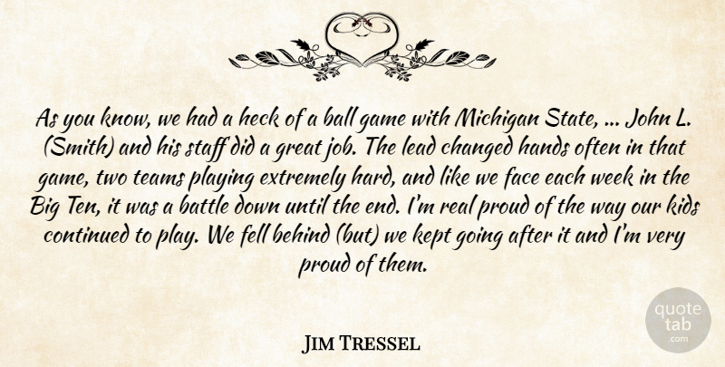 Jim Tressel Quote About Ball, Battle, Behind, Changed, Continued: As You Know We Had...