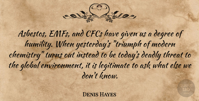 Denis Hayes Quote About Humility, Yesterday, Environmental: Asbestos Emfs And Cfcs Have...