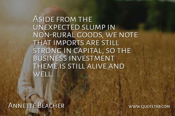 Annette Beacher Quote About Alive, Aside, Business, Imports, Investment: Aside From The Unexpected Slump...