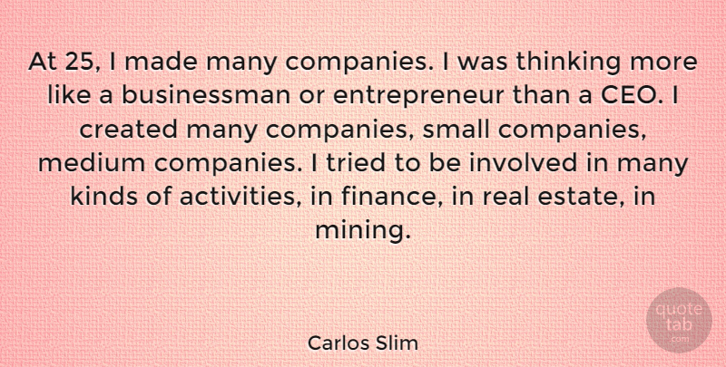 Carlos Slim Quote About Created, Finance, Involved, Kinds, Medium: At 25 I Made Many...