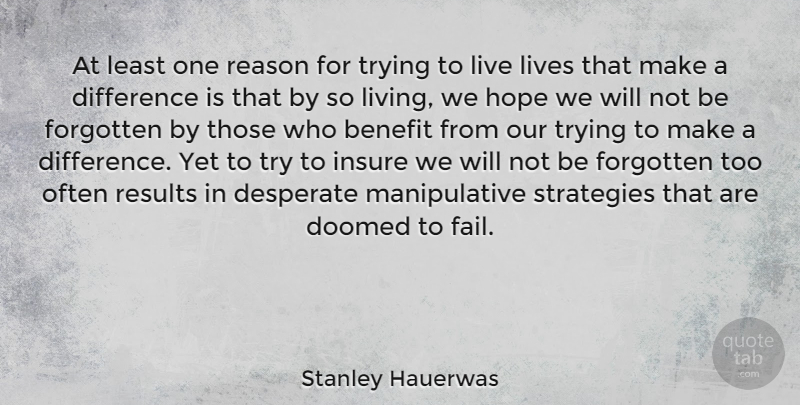 Stanley Hauerwas Quote About Benefit, Desperate, Difference, Doomed, Forgotten: At Least One Reason For...