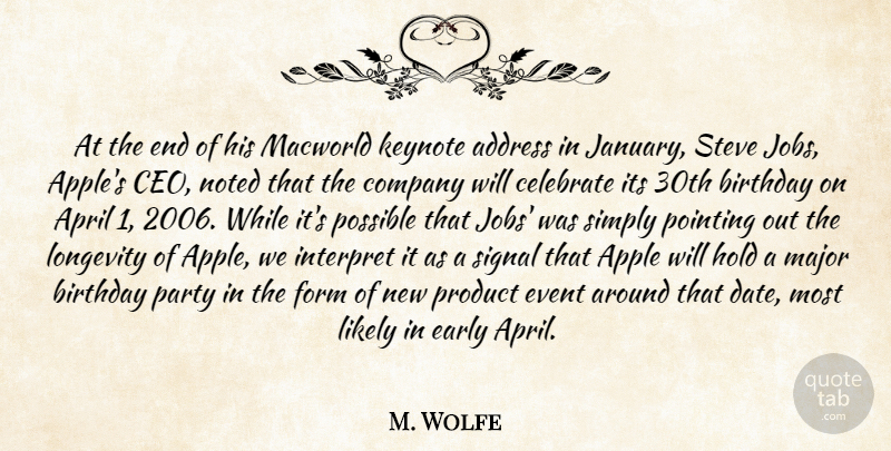 M. Wolfe Quote About Address, Apple, April, Birthday, Celebrate: At The End Of His...